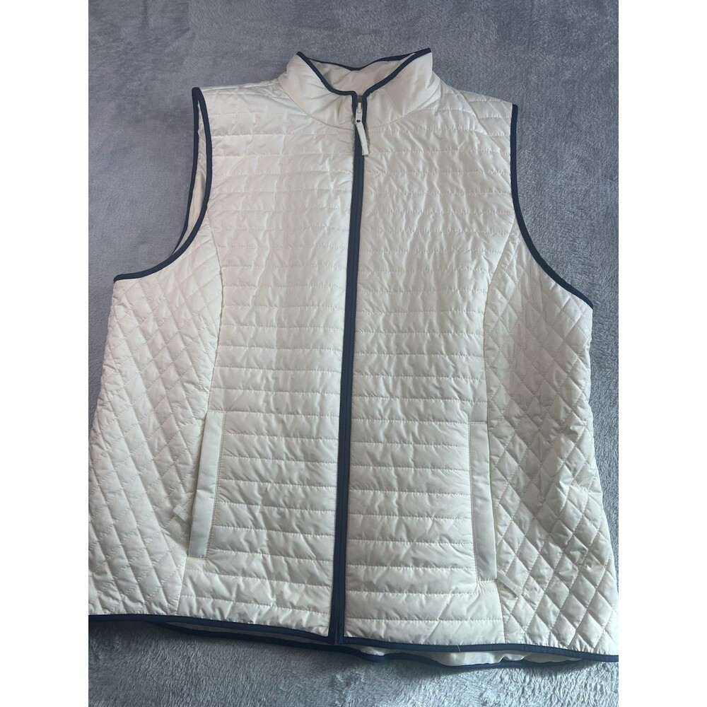 Talbots Lght Wt Quilted Vest Cream/Navy PipeingFull Zip Mandarin Stand Collar XL